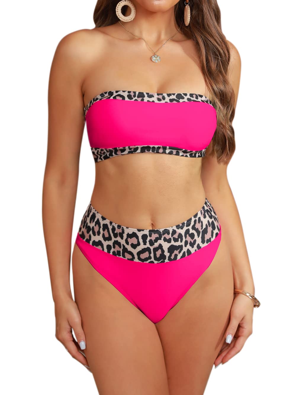 Photo 1 of Zwurew Women's Two Piece Bandeau Swimsuit Leopard Print S, Off Shoulder Bikini Set Removable Strap Bathing Suit 1-Rose Red SMALL