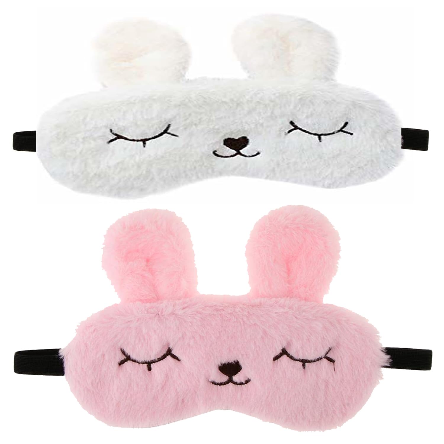 Shuddh Kaaya Cute Furry Bunny Eye Mask for Sleeping (Pack of 2) - Pink & White Sleepy Rabbit Design Plush Masks for Kids & Girls - Super Soft Travel Eye Cover with Elastic Strap