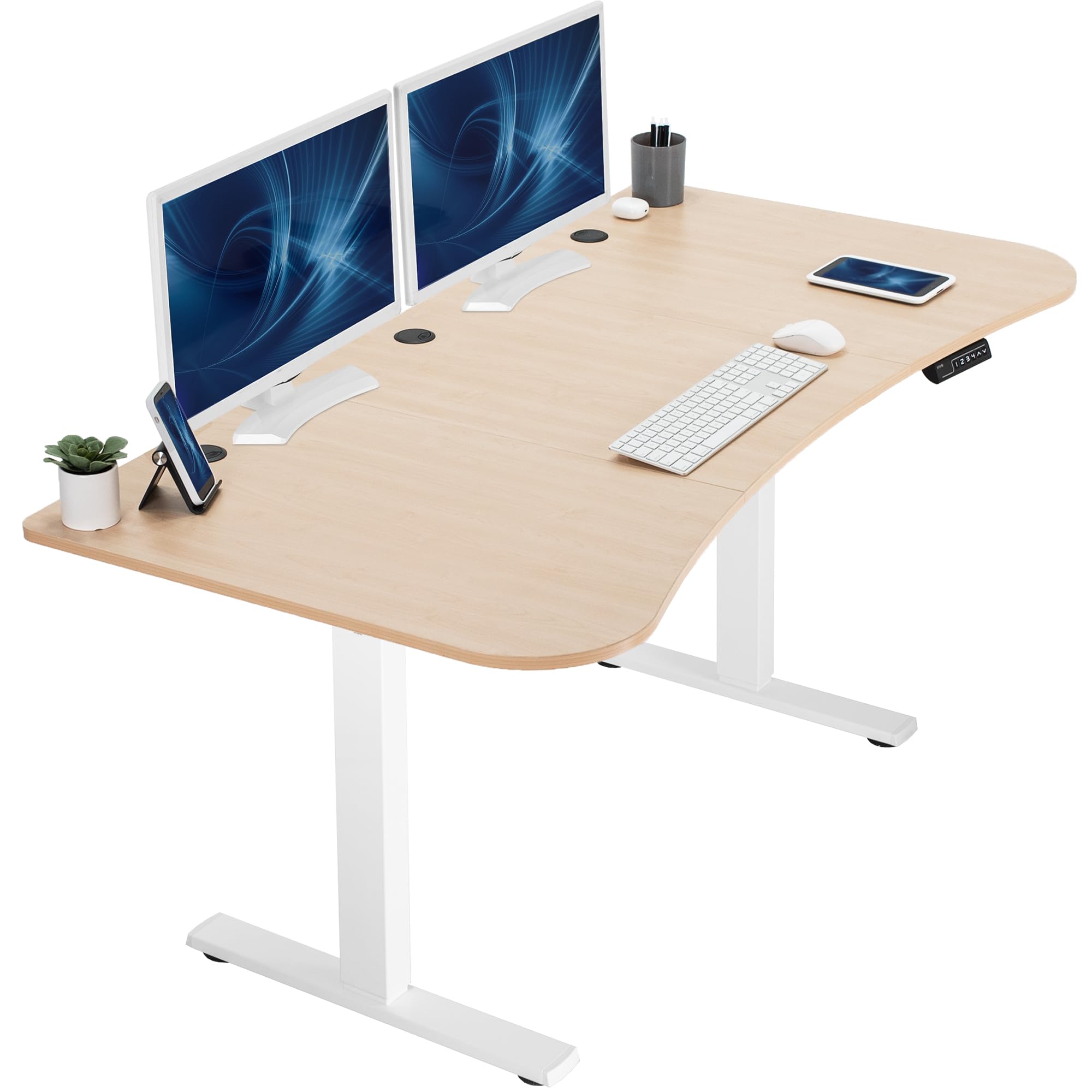 VIVO Electric 63 x 32 in Standing Desk, Memory Height Adjustment, 1B Series, Holds 220 lbs, Light Wood Top White Frame, DESK-KIT-1W1C