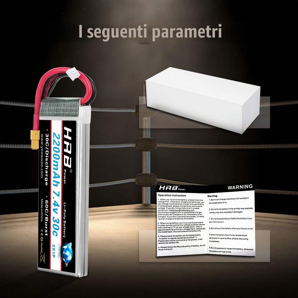 HRB 2pc 2200mAh 7.4V 2S 30C LiPo Battery Pack con spina XT60 compatibile con Rc Tr 1/16 E-Revo VXL Summit Slash Losi 1/14 Mini 8ight e Rc Cars