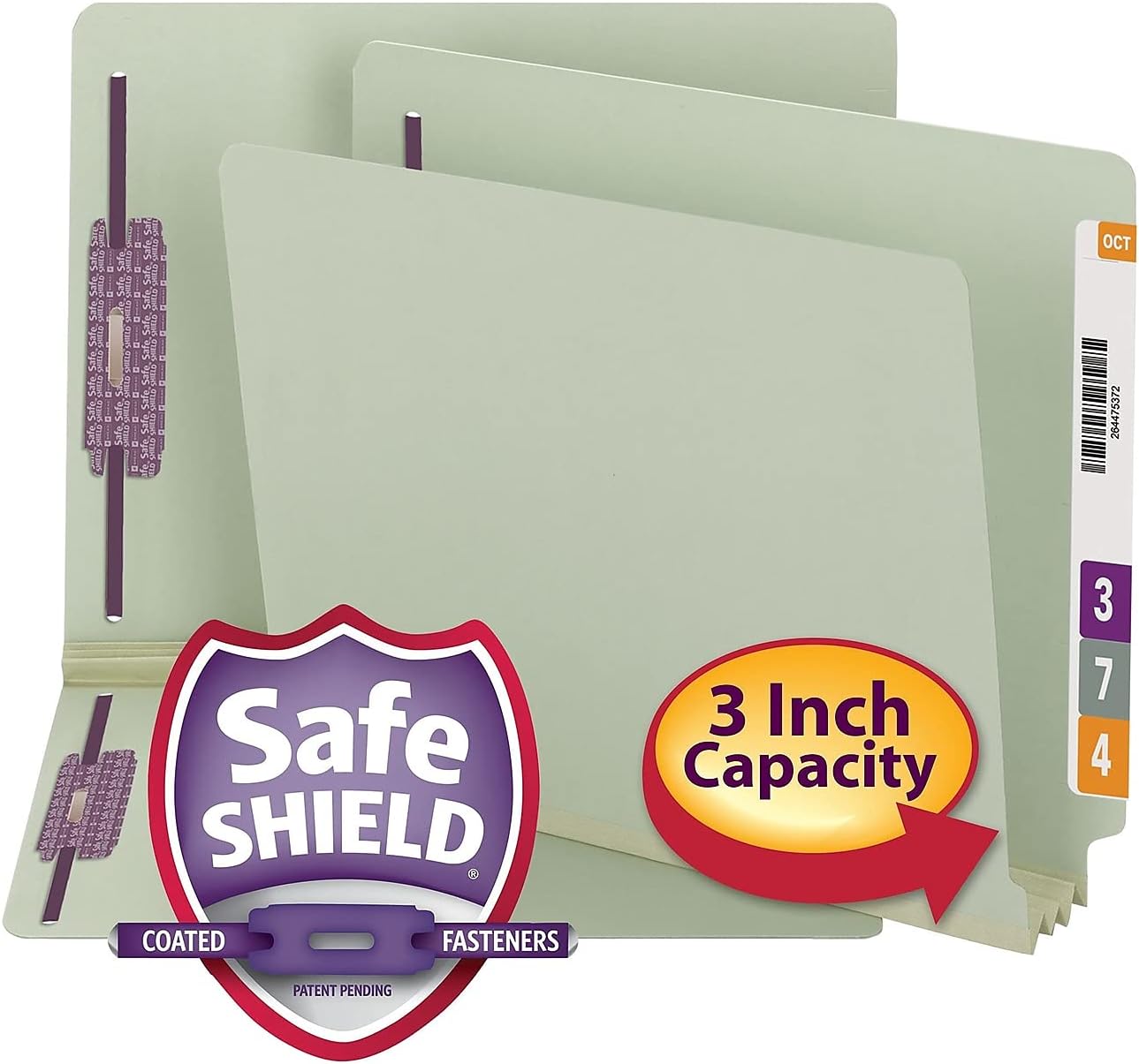 Smead 34725 Three Inch Expansion Folder Two Fasteners End Tab Letter Gray Green 25/Box