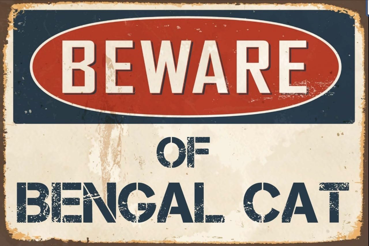 Beware of Bengal Cat Vintage Metal Signs for Wall Decor - 8 x 10 Inches Durable Aluminum Tin Sign Plaque for Home Garage Club bar Wall Art Decoration - Retro Wall Signs, Best Gift Idea
