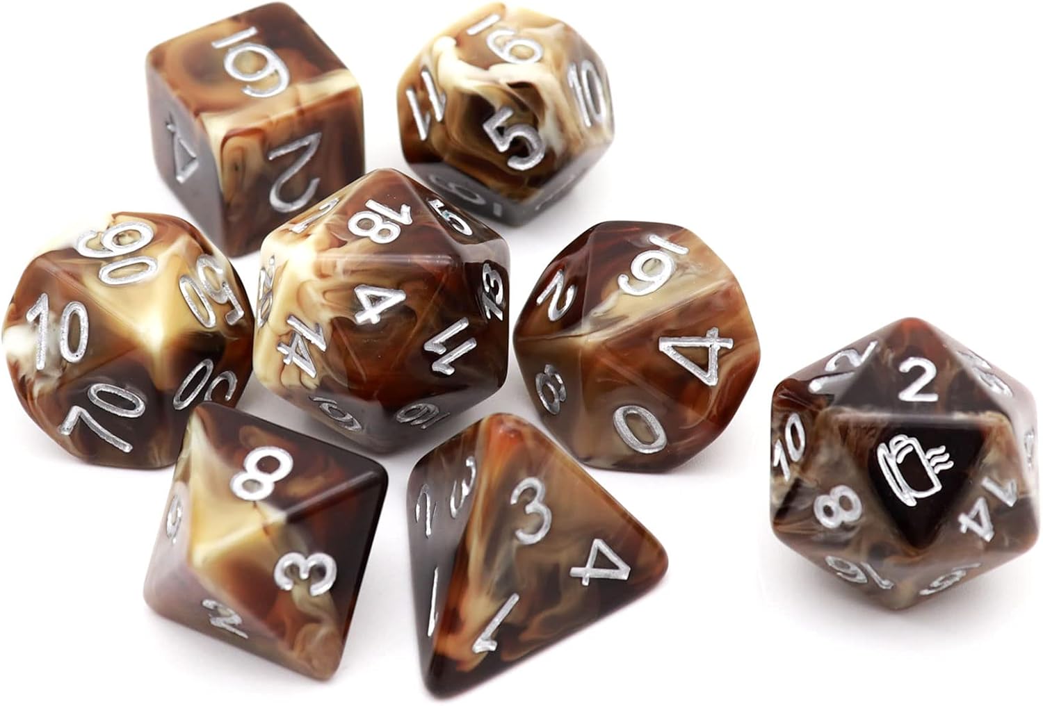 Haxtec Coffee DND Dice Set 8PCS Filled Resin Dice Set D&D Polyhedral Dice Compatible with Dungeons and Dragons TTRPG Gift