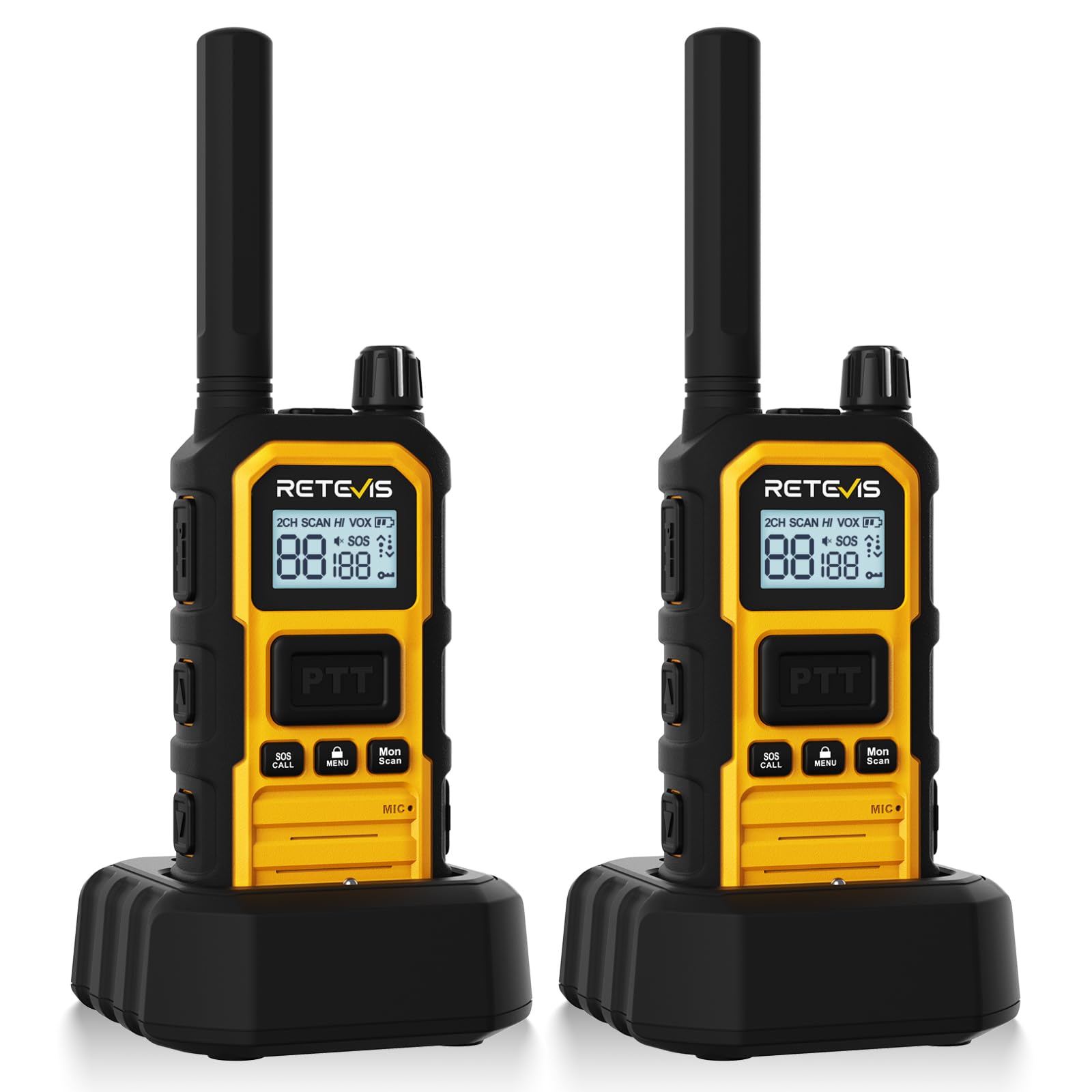 Retevis RB648 Plus Talkie Walkie Longue Portée, Radio Bidirectionnelle Étanche IP67, 2000mAh, Alarme d'urgence, Talkie-Walkie Professionnel de Mise à Niveau pour Le Camping (2 Pièces, Jaune)