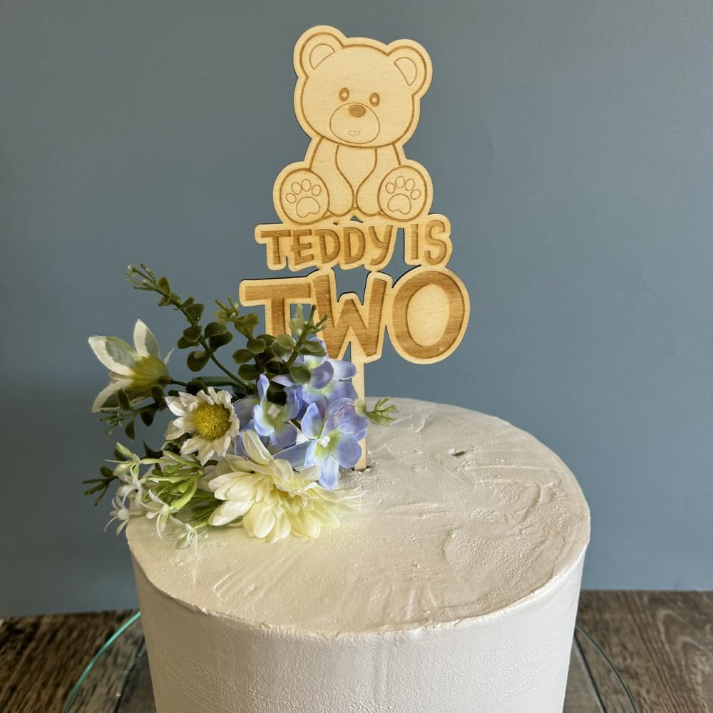 Luck And Luck Personalised Teddy Bear Cake Topper, Childrens 2Nd Birthday Cake Decoration, Kids Birthday Wooden Cake Topper, Teddy Bear Birthday Party