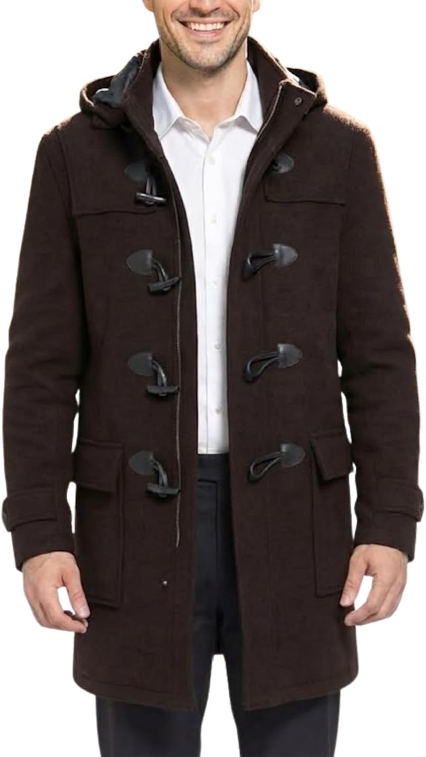 SBL SOUTH BEACH LEATHER Men’s Black Duffle Coat with Hood - Winter Wool Blend Long Car Coat - Toggle Button Closure