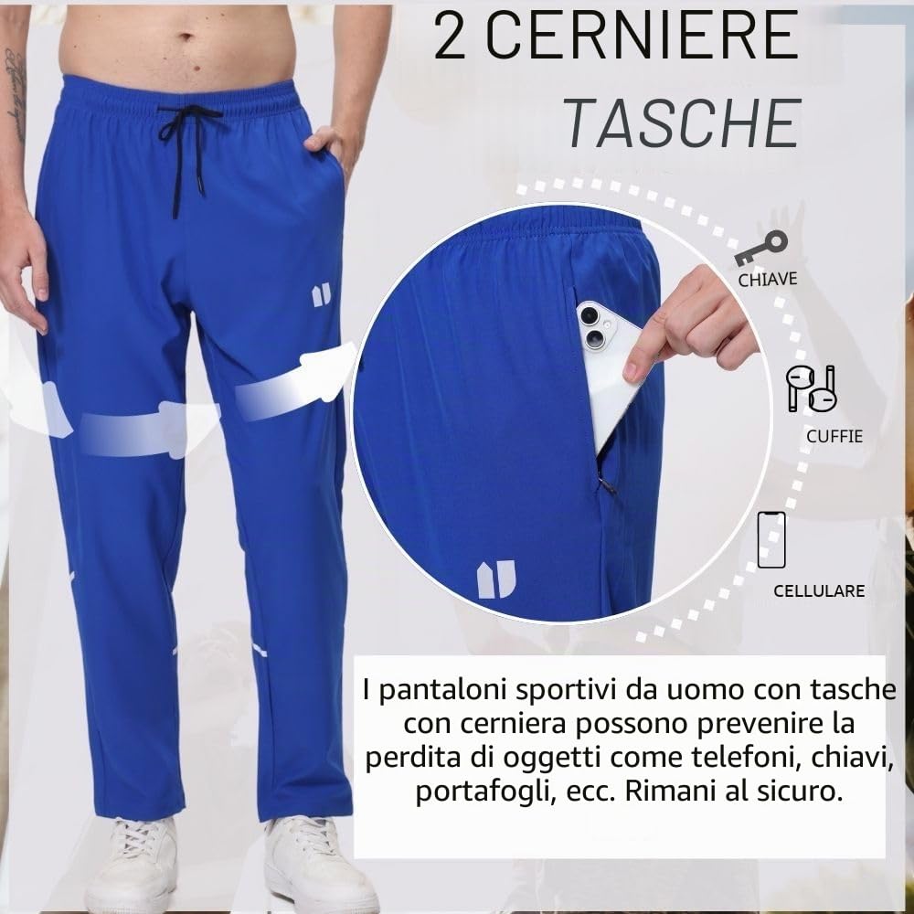 Pantaloni sportivi da uomo, tasche elasticizzate con cerniera, per jogging e corsa, confezione da 3