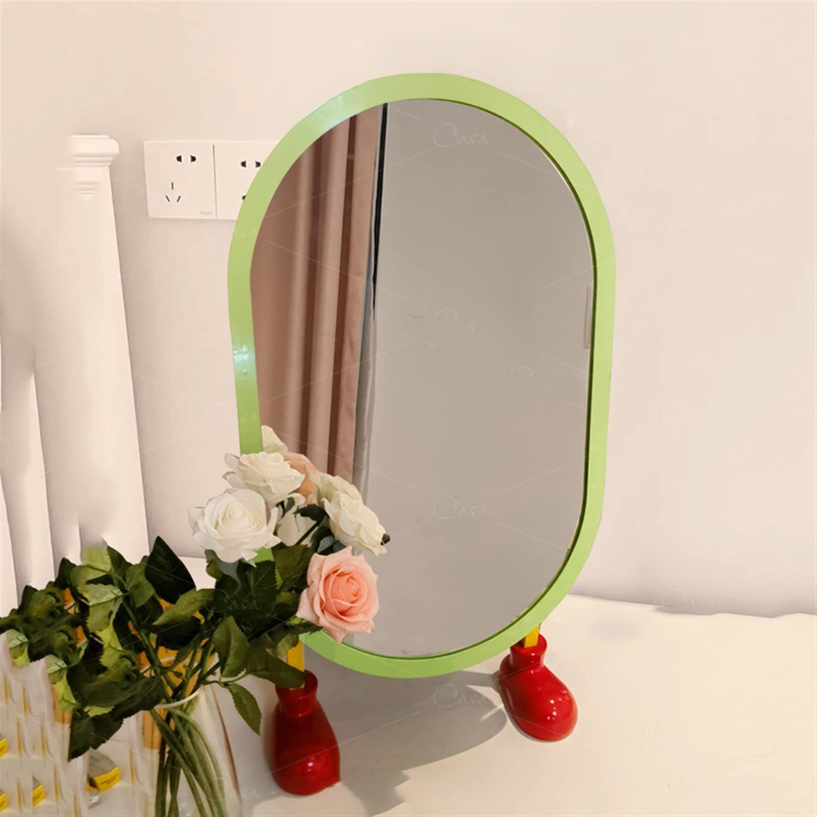 Specchio cosmetico per camera da letto, semplice da scrivania, con cartoni animati, carino e interessante, ad alta definizione, personale domestico (verde)