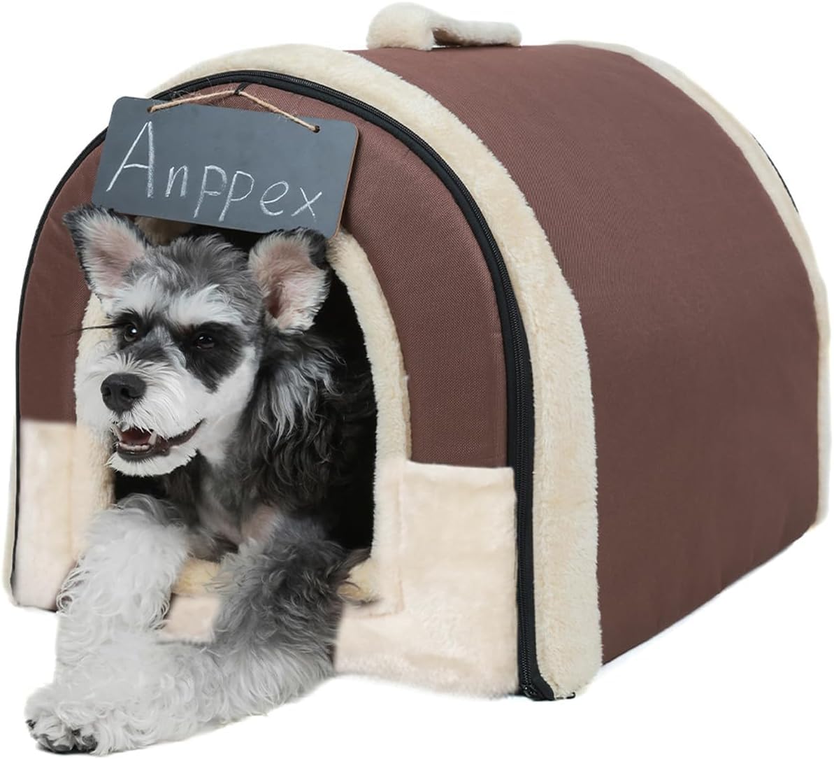 ANPPEX Igloo Dog House Indoor,L Size Dog Cave for Small and Medium Dogs,2-in-1 Washable Covered Dog Bed,Brown