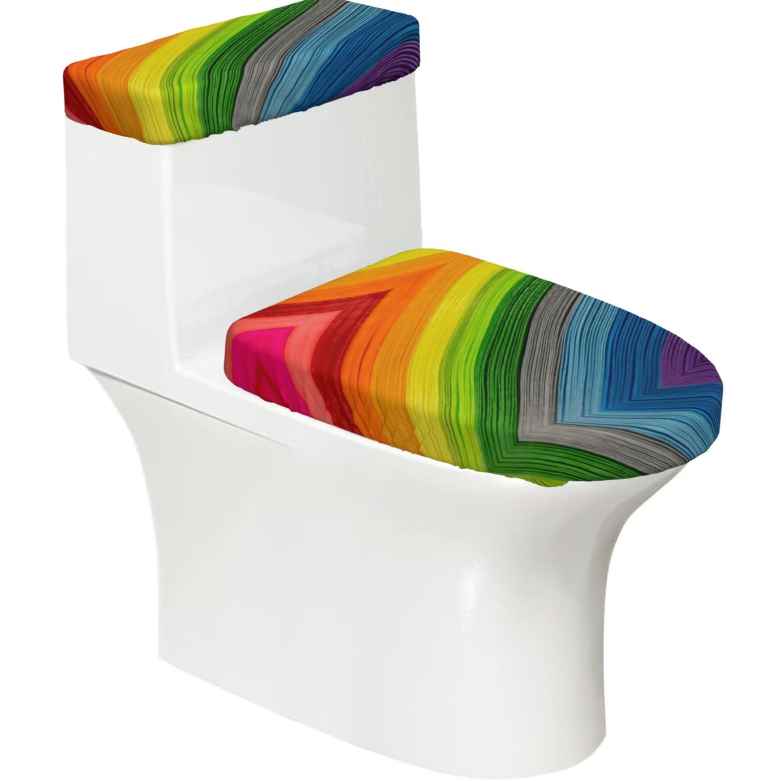 Rainbow Color Stripe 2-Piece Toilet Seat Cover Set with Tank Lid, Elastic Fit for U-Shape & Elongated Toilets, Bathroom Decor, Housewarming Gift