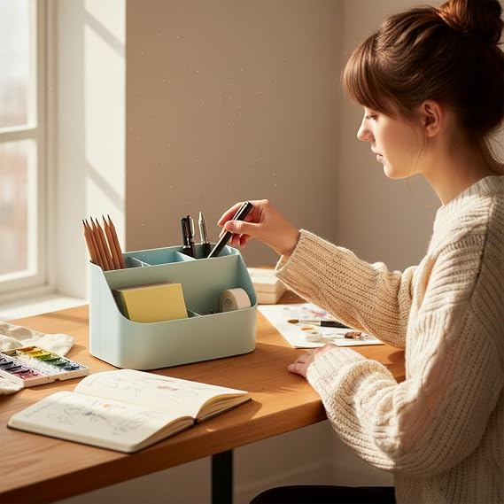 Pen Holder Desk Organizer Office Storage Desktop Organizers and Accessories Home Organizer Bedside Table Organizer Makeup Organizer, Pencil Holder with 5 Compartments (Blue)