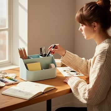 Pen Holder Desk Organizer Office Storage Desktop Organizers and Accessories Home Organizer Bedside Table Organizer Makeup Organizer, Pencil Holder with 5 Compartments (Blue)