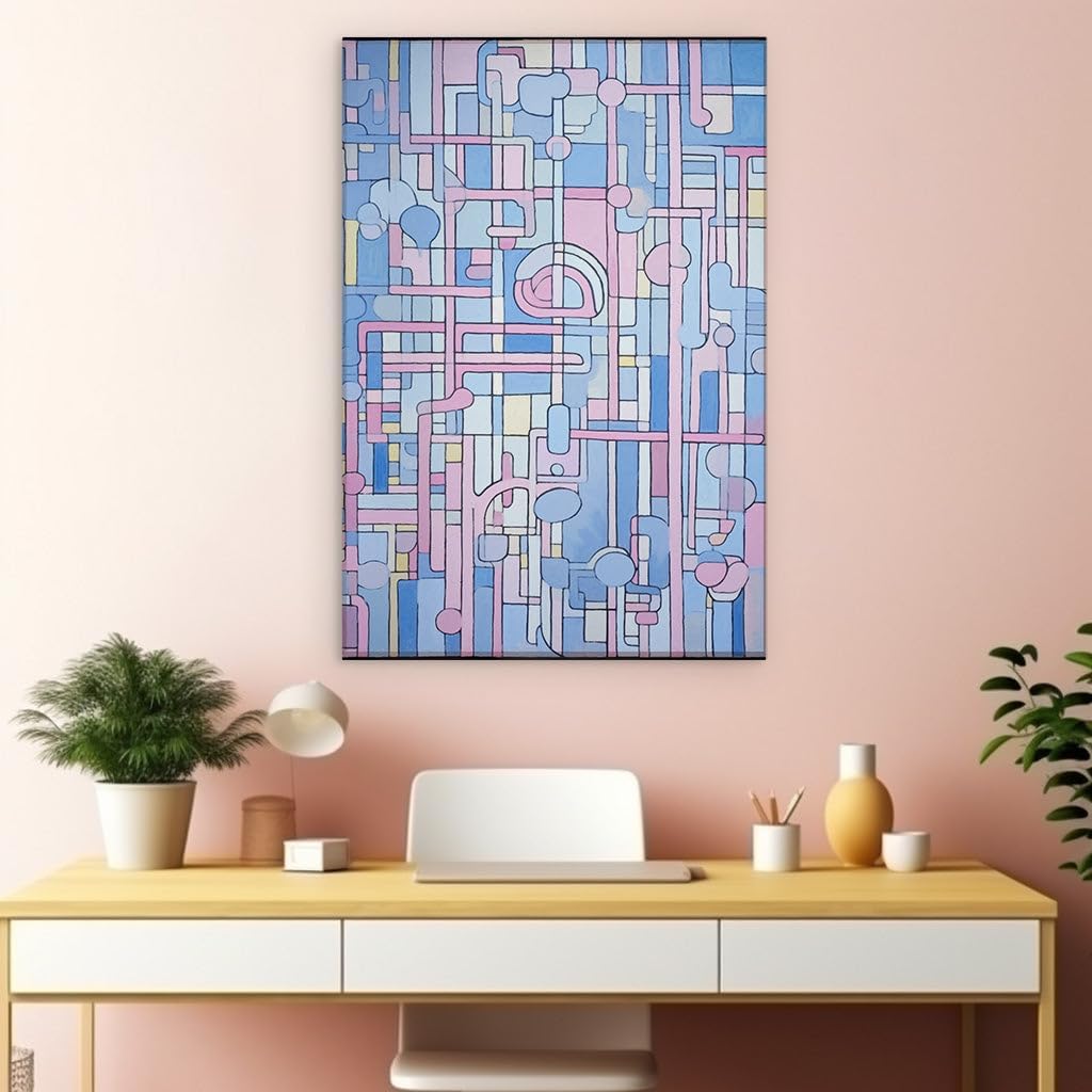 Canvas for Living room. Dancing Hues and Dynamic Lines: A Vivid Fusion of Pink, Blue, and Yellow Abstract Art with a Hint of Numerical Intrigue, 27 x 18 inch Canvas Wall Art - Ready to Hang