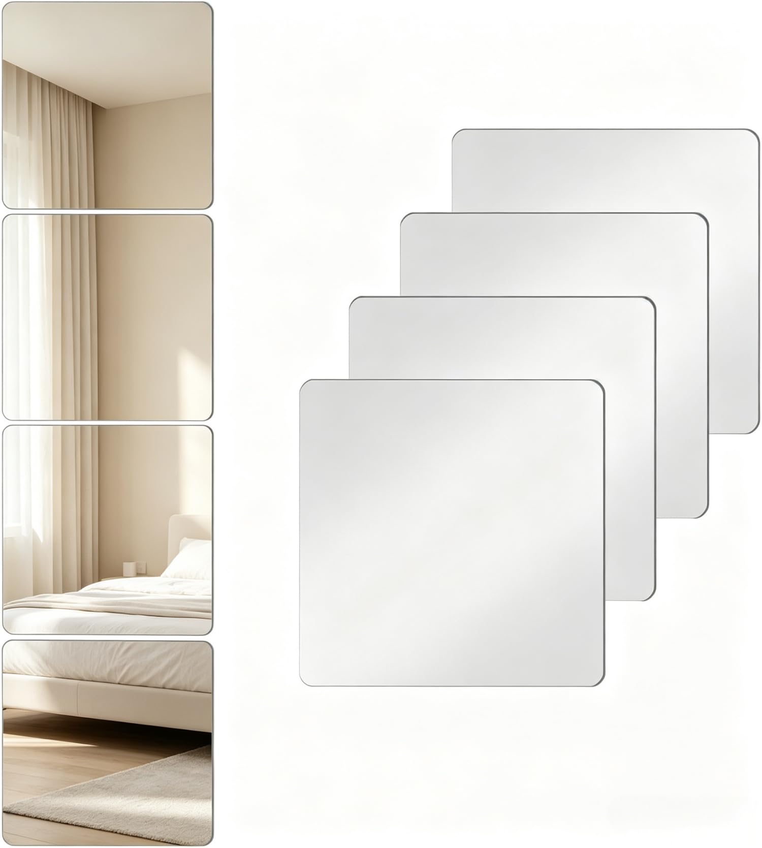 Heyumybit Full Length Wall Mirror Tiles,4Pcs 20CM×20CM Self Adhesive Square Acrylic Mirror Tiles for Bedroom,Wardrobe Doors,Home Gym,Hallway,Living Room Decor