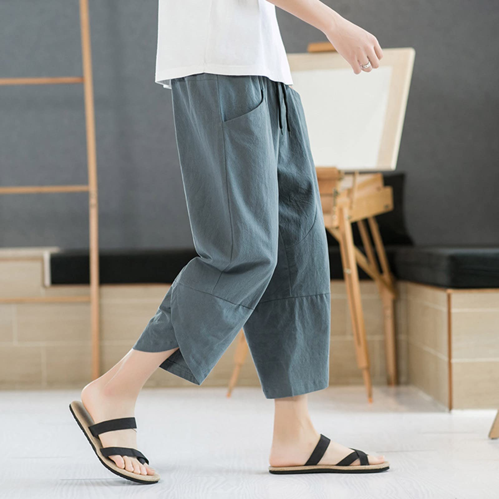 QWUVEDS Sommer Cropped Hose Herren Dünne Leinen Freizeithose Lose Große Haremshose Baumwolle Leinen Strand Shorts. Hose Herren Stoffhose Baggy Jeans Baggy Jeans Herren Baggy Jeans Jungen