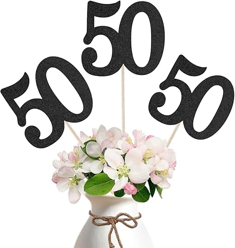 Paquete de 10 palitos de centro de mesa de aniversario con purpurina de doble cara para cumpleaños número 50, decoración de mesa para fiesta de