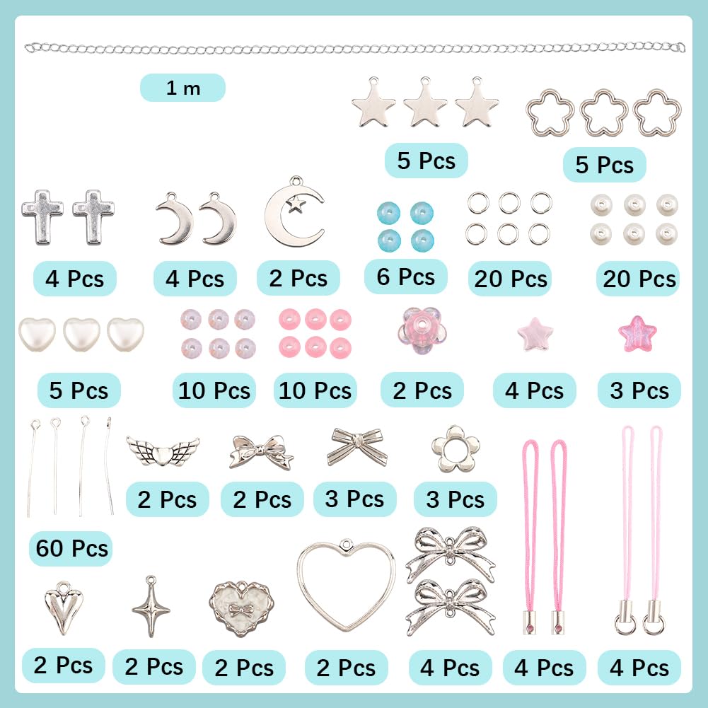 SUNNYCLUE 1 Box DIY 8 Sets Phone Charm Kit Bow Phone Charms Strap Cute Kawaii Bowknot Phone Keychain Pendants Wing Heart Star Pink Beads for Women Adults Cellphone Case Keychains Bag Decoration - Image 2