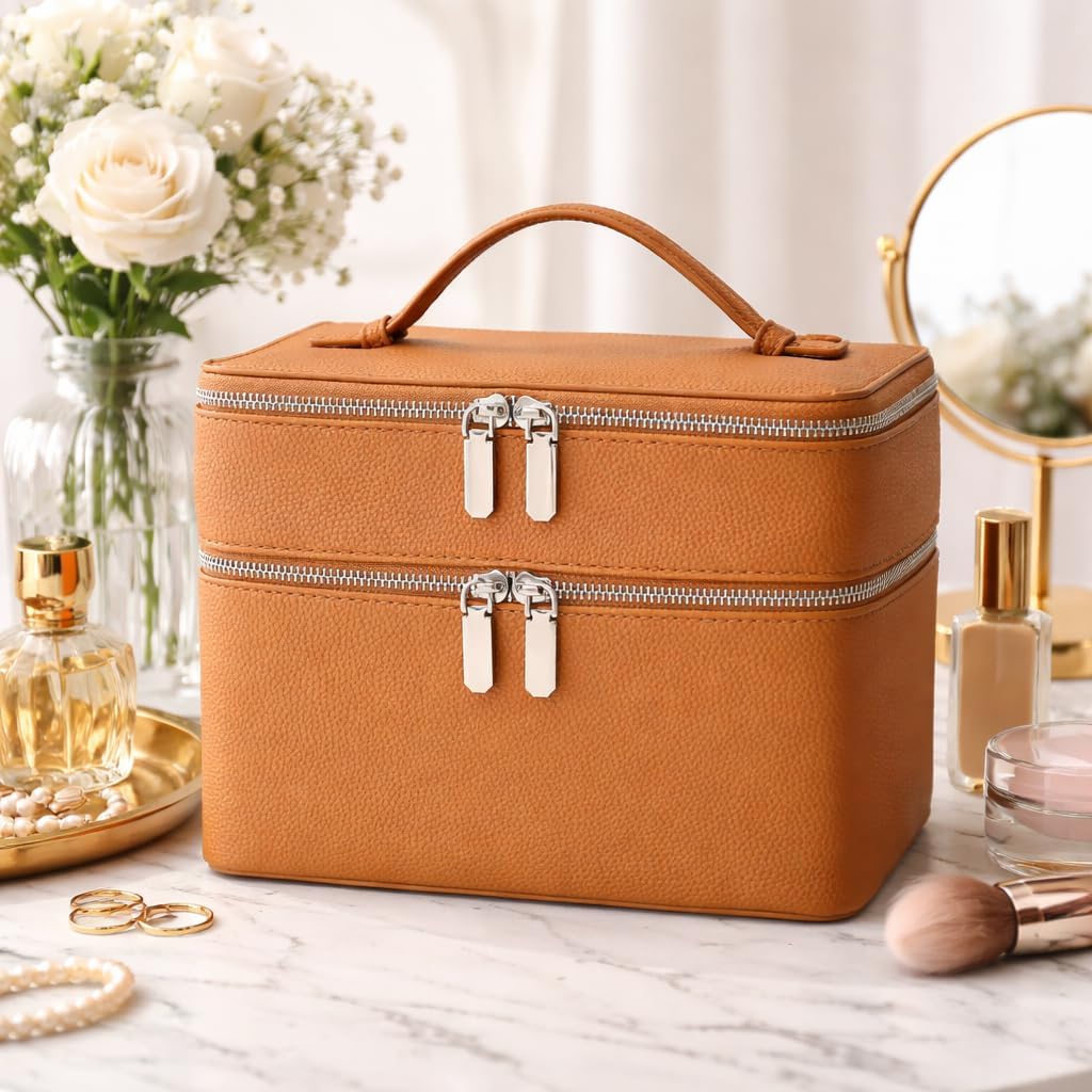 BAGOK Double Layer Makeup Vanity Case, Large Capacity Cosmetic Bag with Removable Divider & Brush Organizer, Travel Toiletry Bag for Women, Portable PU Leather Organizer with Handle