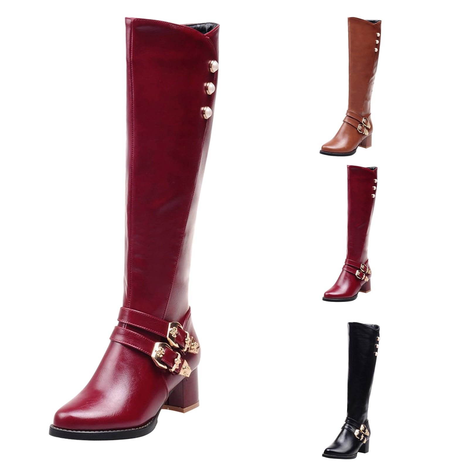 Damskie buty do jazdy konnej do kolan, czarna skóra, złote buty z paskiem z klamrą duży rozmiar wysokie buty damskie jesień i zima, Czerwony, 35.5 EU