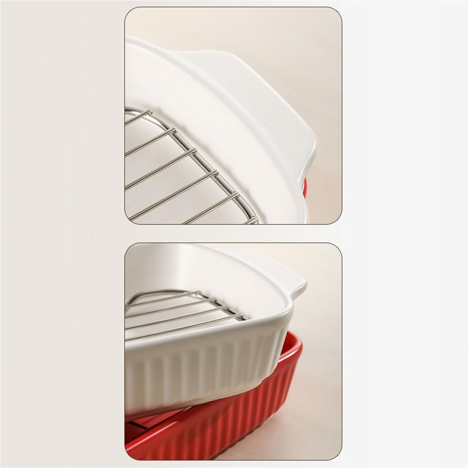 Plats à gratin pour four Poêle à gril en céramique domestique avec filet de vidange d'huile, cuisson à Double oreille, poêle à riz cuit à haute valeur, peut être four à vapeur Plat de cuisson(Red)