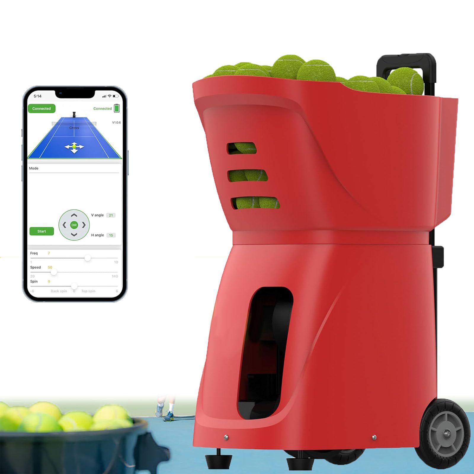Lanciapalle da Tennis Portatile, Leggero, con Batteria Ricaricabile, 11 modalità di Allenamento, Controllo Automatico Dell'Oscillazione e Rotazione Tramite Telecomando/App,Red