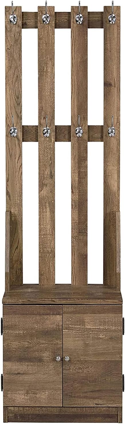 Modern Mirror Wooden Queen Eastern King Bed Frame Hall Tree Bench for Bedroom Living Room Bathroom (Weathered Oak Hall Tree) (Weathered Oak Hall Tree)