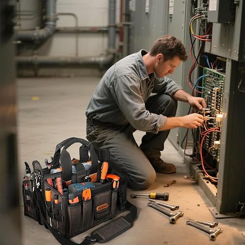 Miniatura 2 de WELKINLAND Bolsa de herramientas para electricista de 20 bolsillos, bolsa de herramientas superior abierta de 16 pulgadas de ancho, bolsa de