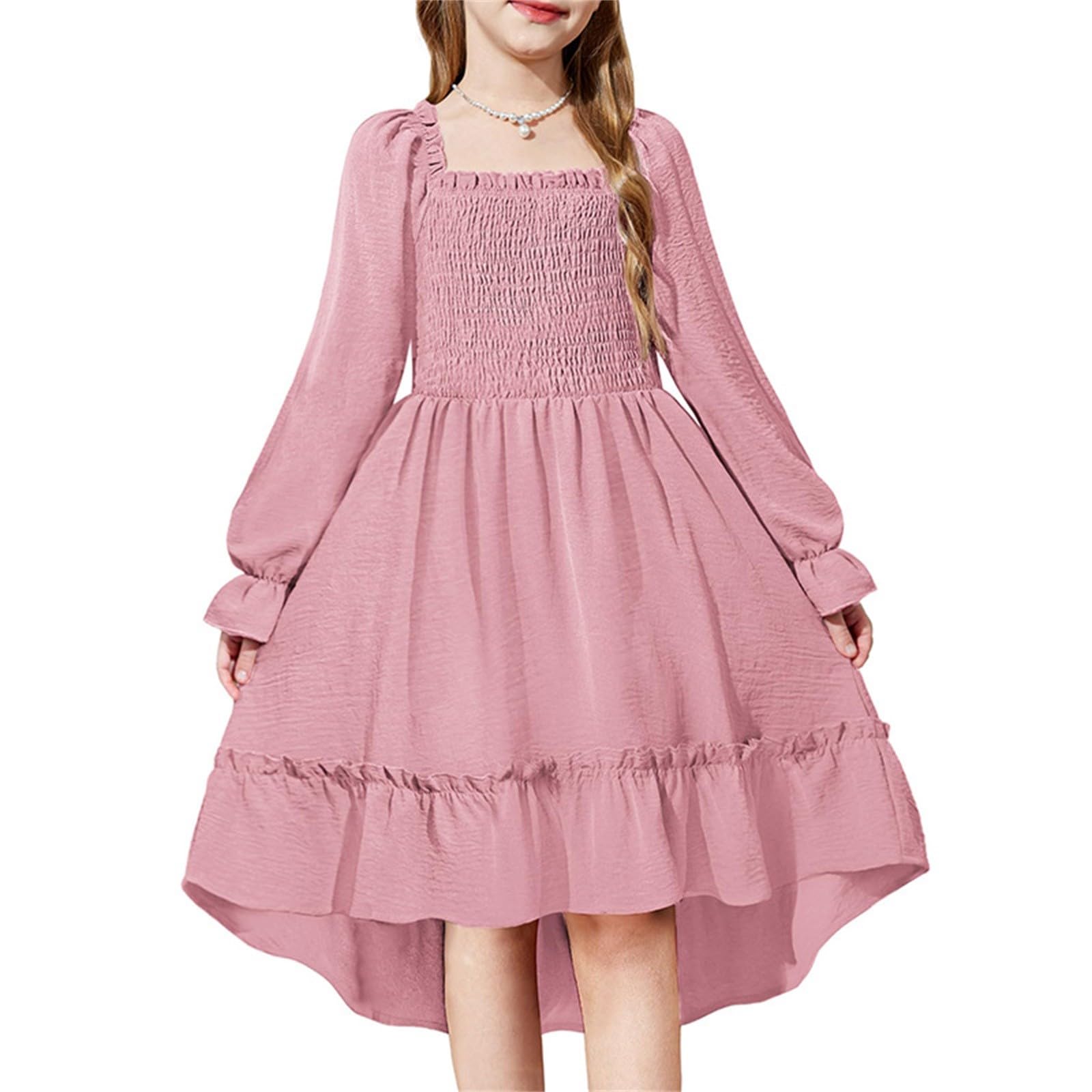 Vestito da ragazza con scollo quadrato e punto smock alto basso a maniche lunghe abito estivo per bambini casual A-Line Swing volant abiti da festa di compleanno per matrimoni