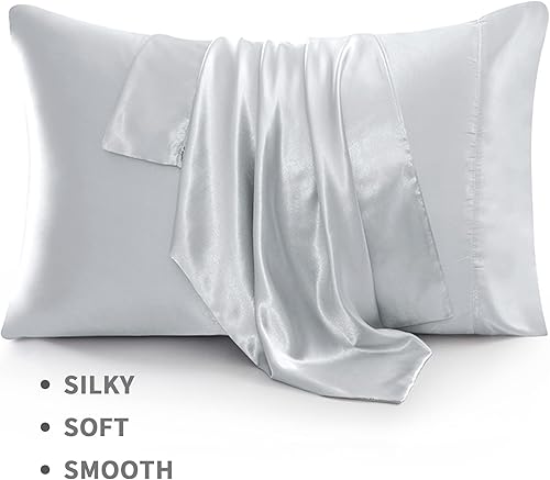 Miniatura 17 de Sábanas de satén tamaño King, sábanas de seda gris, juego de ropa de cama suave de 4 piezas con 1 sábana bajera de bolsillo profundo, 1 sábana Gris