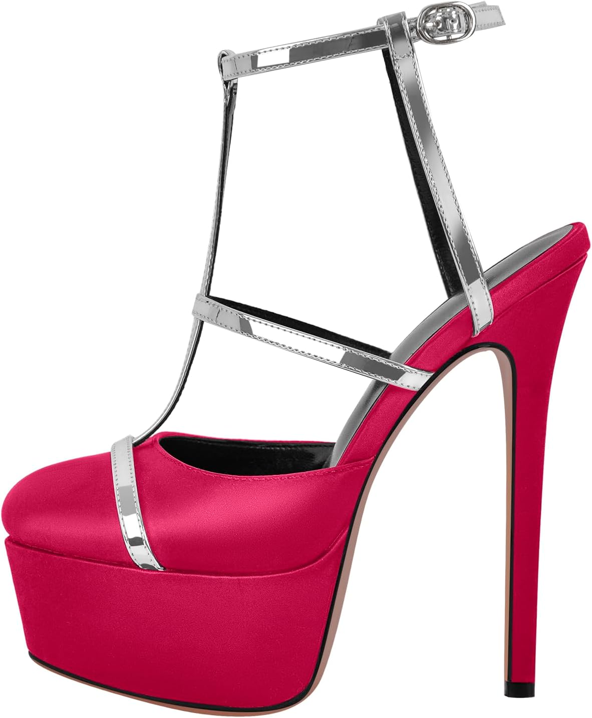 Women's Platform T Strap Closed Round Toe Stiletto High Heels Pumps