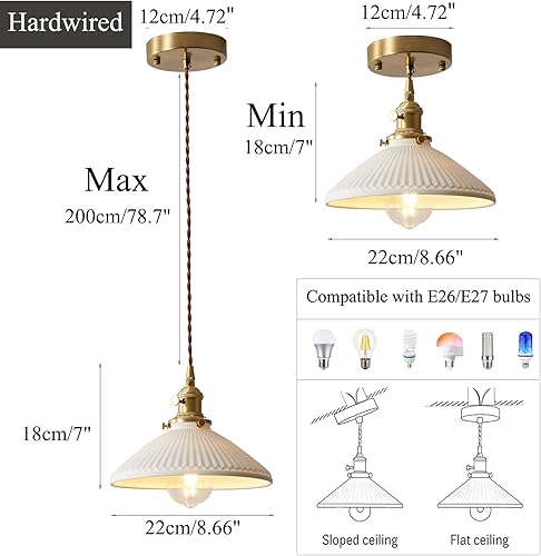 Miniatura 4 de Lámparas colgantes de cerámica industrial vintage, cable colgante ajustable de 6.56 pies, enchufe de latón, compatible con bombillas E26/E27,