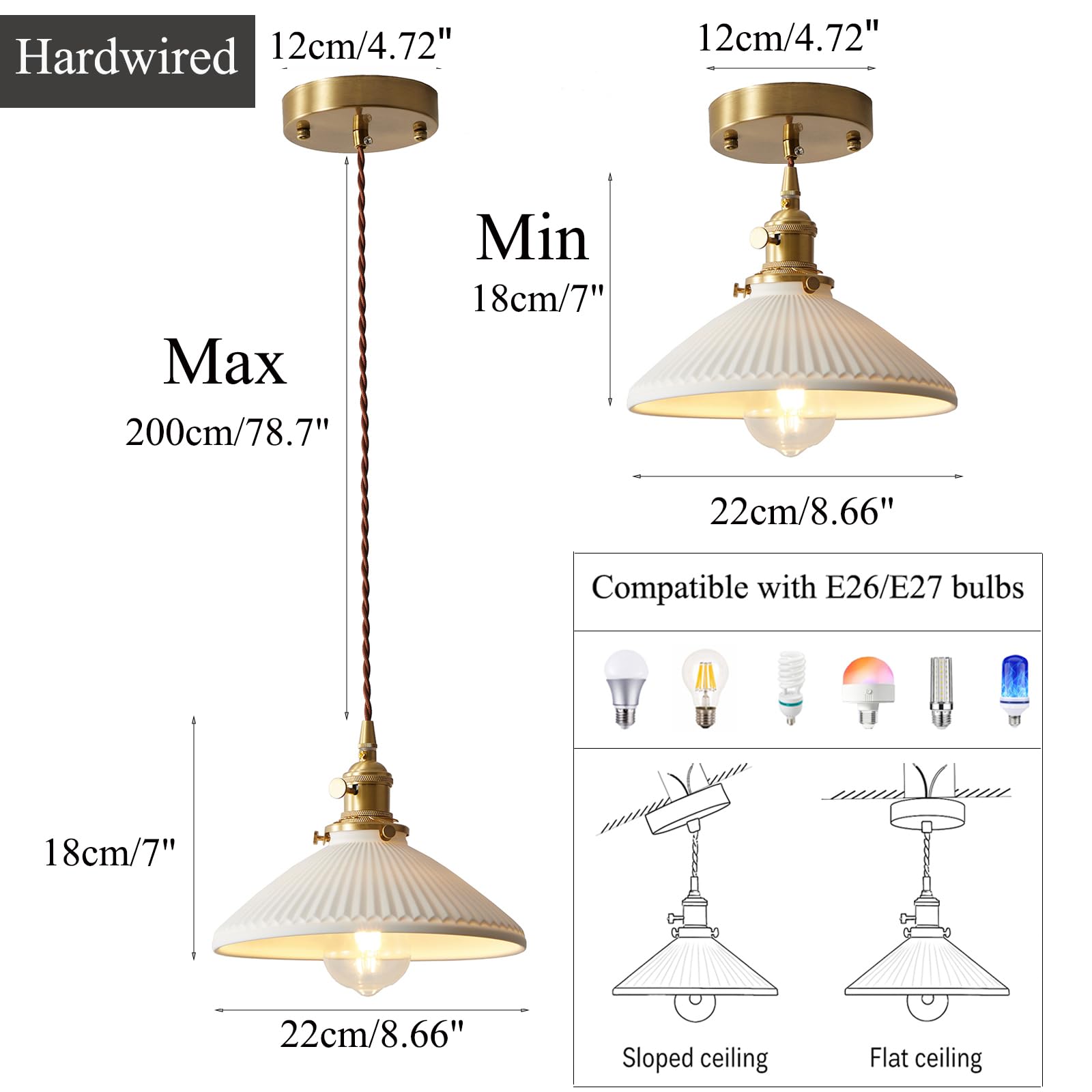 Lámparas colgantes de cerámica industrial vintage, cable colgante ajustable de 6.56 pies, enchufe de latón, compatible con bombillas E26/E27, lámpara colgante moderna ideal para cocina, 4
