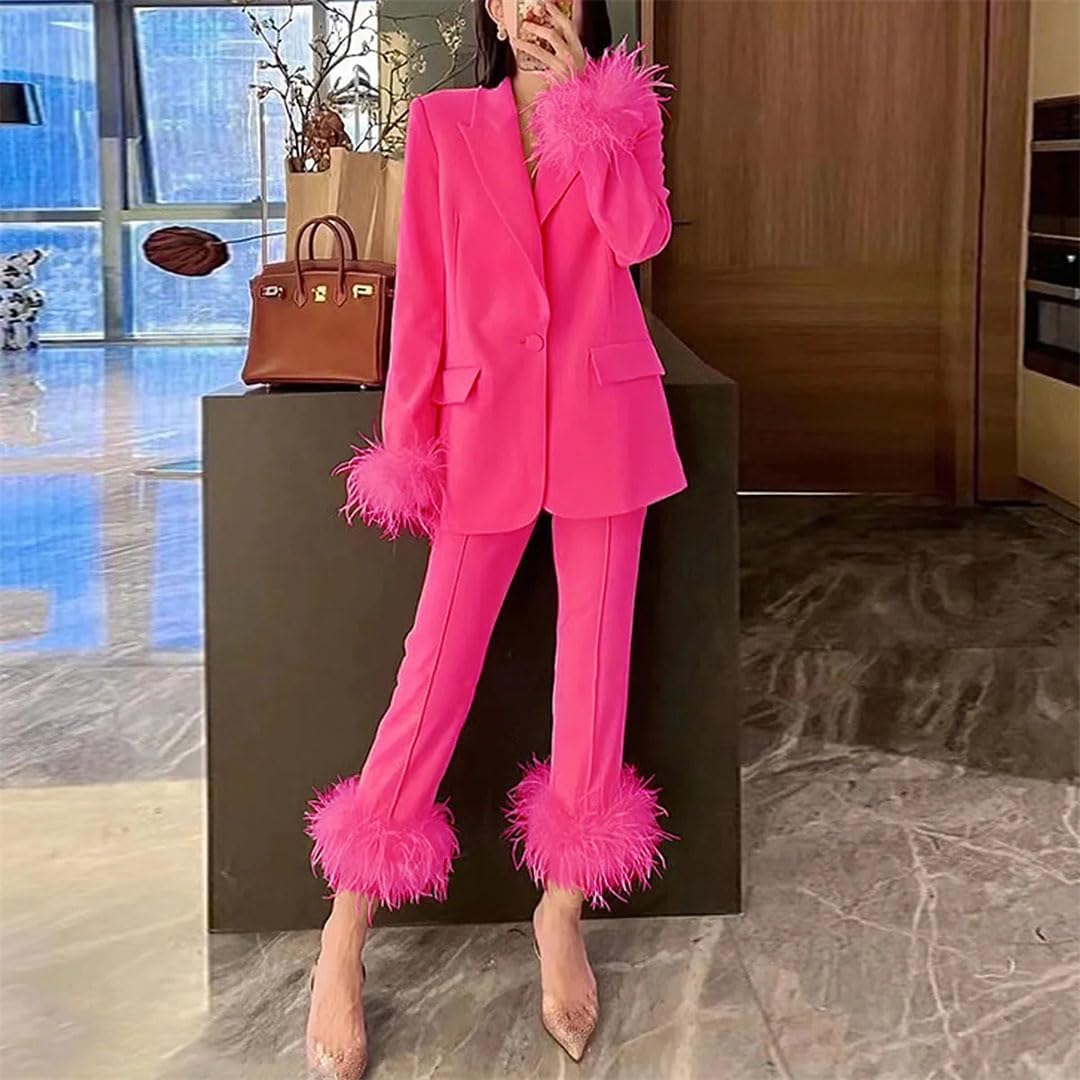 Alloaone Women's Ostrich Feather Stitching Long Sleeve Coat Trousers Elegant Outfit Suit Two-Piece