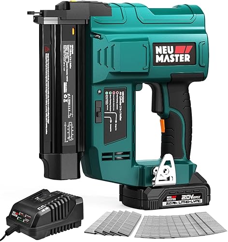 NEU MASTER - Pistola de clavos inalámbrica 2 en 1 calibre 18 con batería de iones de litio de 2.0 Ah, 1000 clavos y 500 grapas incluidas, para