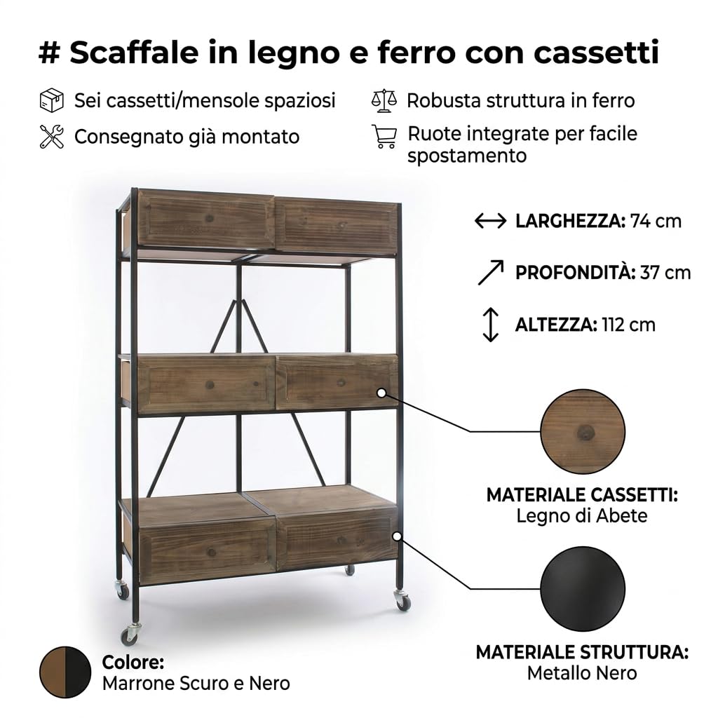 DiKasa Scaffale Industriale in Ferro e Legno con 6 Cassetti e Ruote, Mobile Contenitore per Soggiorno Cucina Studio, Struttura Nera e Cassetti Marrone Scuro 74x37x112 cm