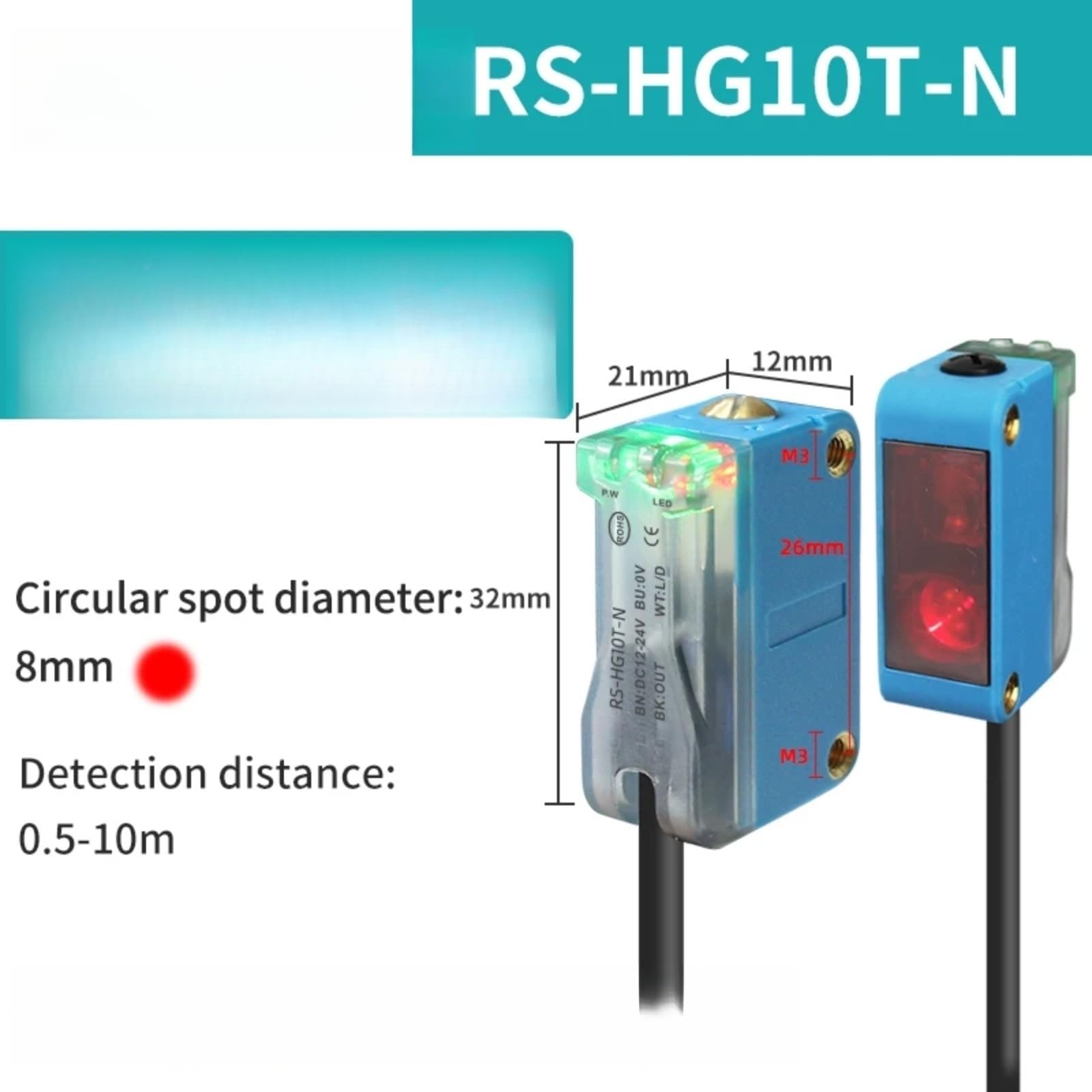 1PCS Sensor fotoelectrico Supresion de fondo Difuso 30cm-2MNO NC NPN(RS-HG10T-10M NPN NO and NC)