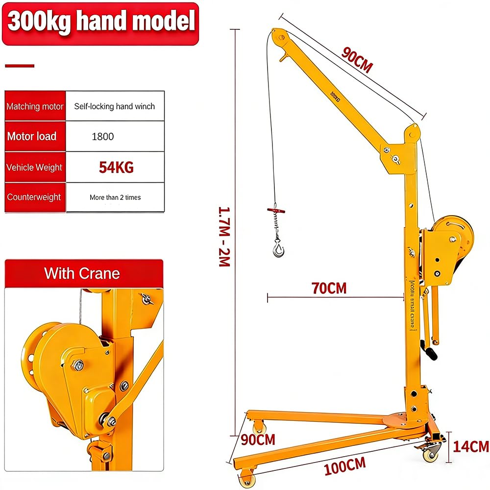 Gru Pieghevole Portatile con Argano Manuale,Paranco Mobile di Sollevamento per Casa e Officina,capacità 200/300/500 kg,Compatto e Pieghevole