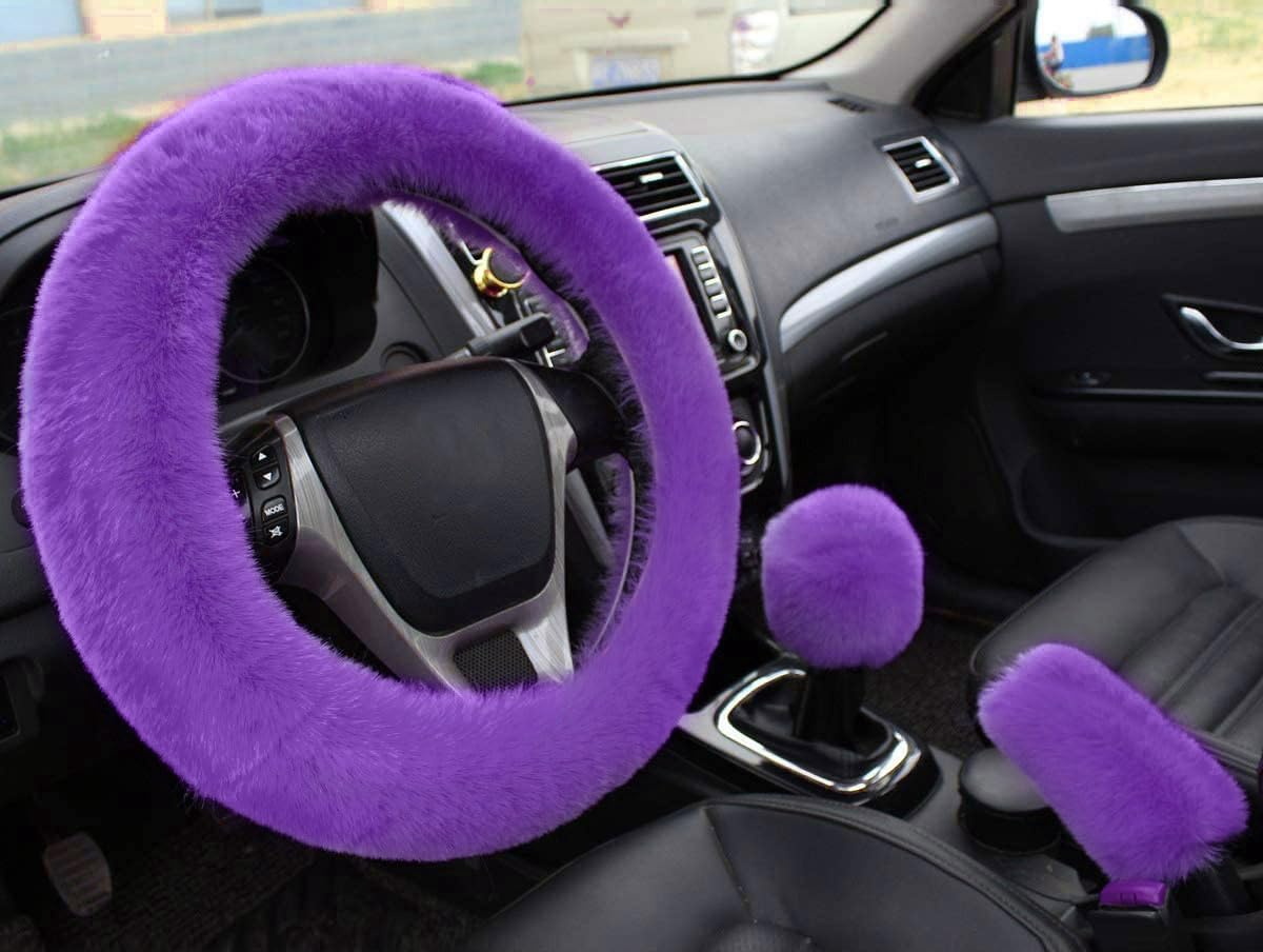 Valleycomfy Winter Warm Faux Wool Steering Wheel Cover with Handbrake Cover Gear Shift Cover Set Universal 15 Inch 1 Set 3 Pcs, Purple