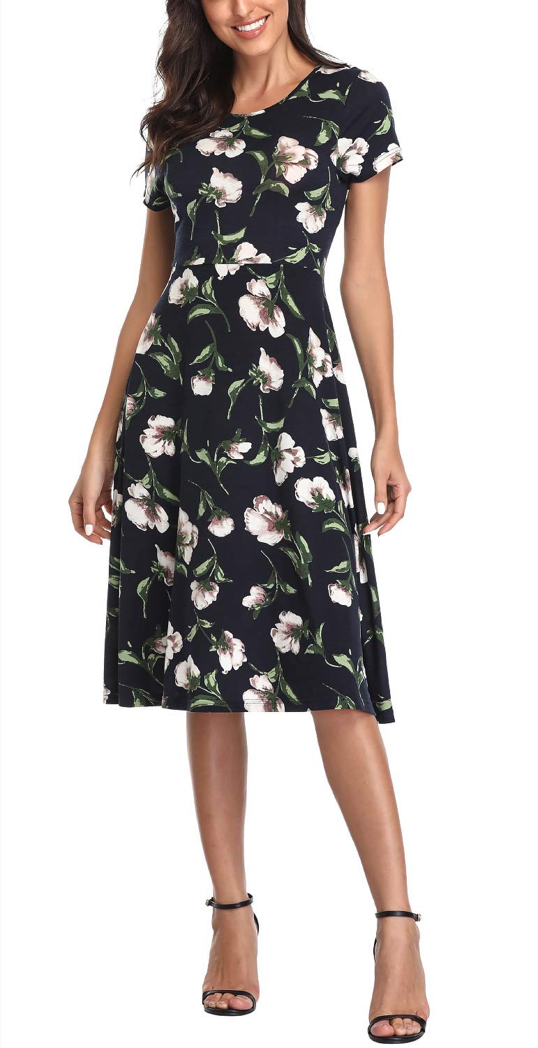 EXCHIC Clásico Estampado Floral Cintura Alta Midi Vestido de Mujer Elegante Manga Corta Largo Vestido