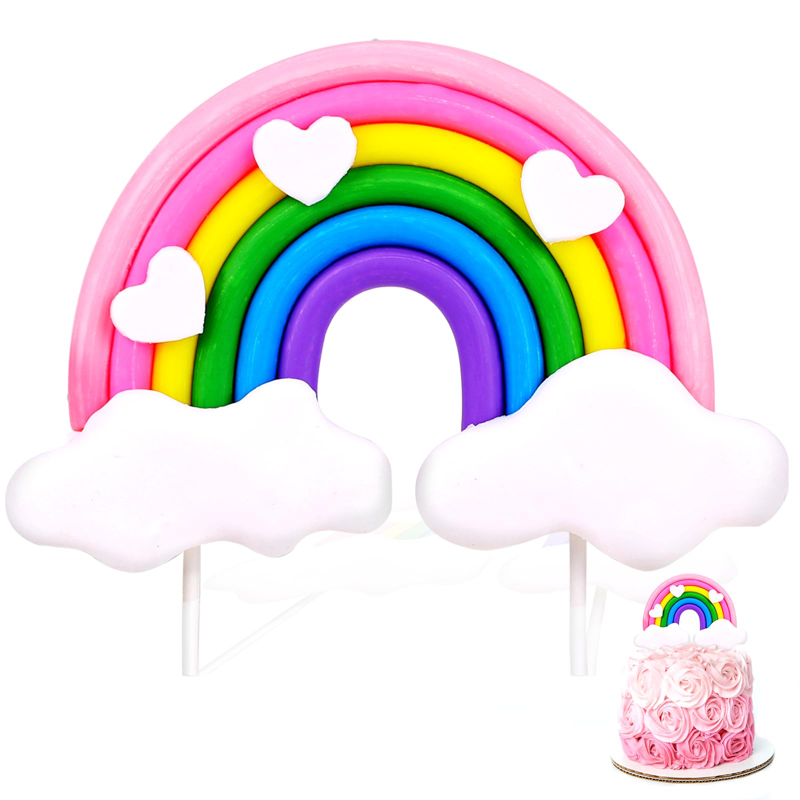 Rainbow Cake Topper, Soft Pottery Rainbow Heart Cloud Cake Decorations Colorful Rainbow Cupcake Topper personalized Cake Topper Reusable Happy Birthday Cake Topper Birthday Party Decorations Supplies