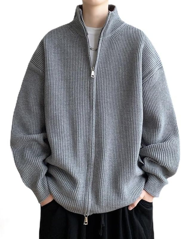 Mens Stand Collar Zip Up Cardigan Knit Sweater Classic Warm Solid Color Loose Hem Long Sleeve Sweaters