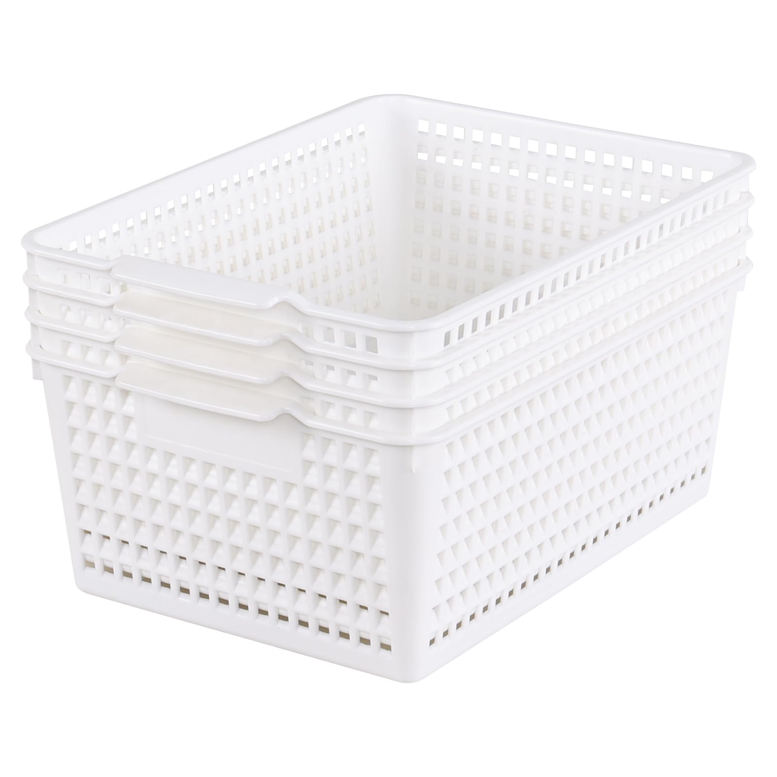 Ikando 4 Pack Plastic Plastic Storage Basket, Large Organising Bins for Shelves, Desk, Cupboard, Handy Organiser Storage Basket for Kitchen Office Classroom, White