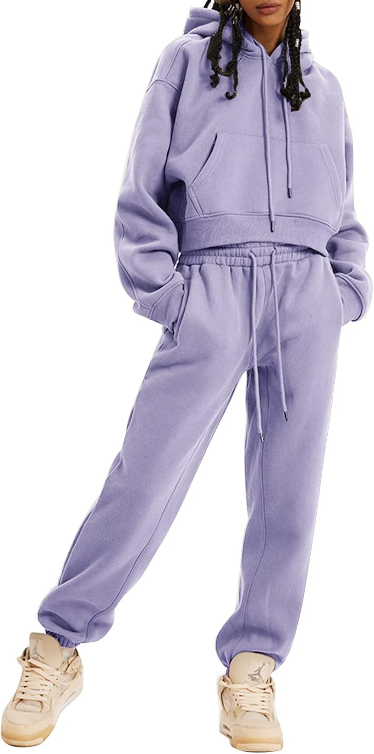 Kissonic Women's Fleece Jogger Sets 2 Pieces Sweatsuits Outfits Crop Top Hoodies Jogger Pants - Image 2