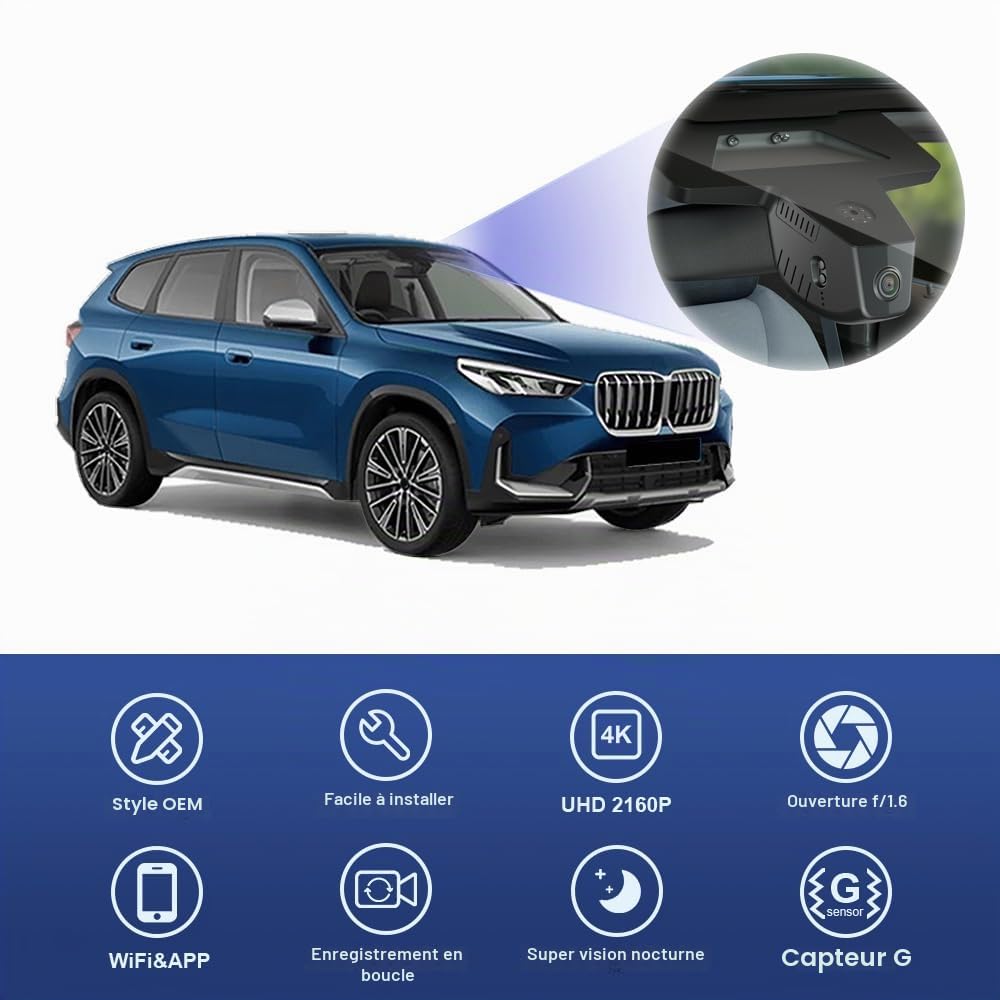 Fitcamx Dashcam 4K Compatible avec BMW X1 & iX1 (U11) 2023-2026, Caméra de Voiture OEM 2160P UHD Video WiFi, G-Senseur, Vision Nocturne, Enregistrement en Boucle, WDR Dash Cam, Plug&Play, Carte 64 Go