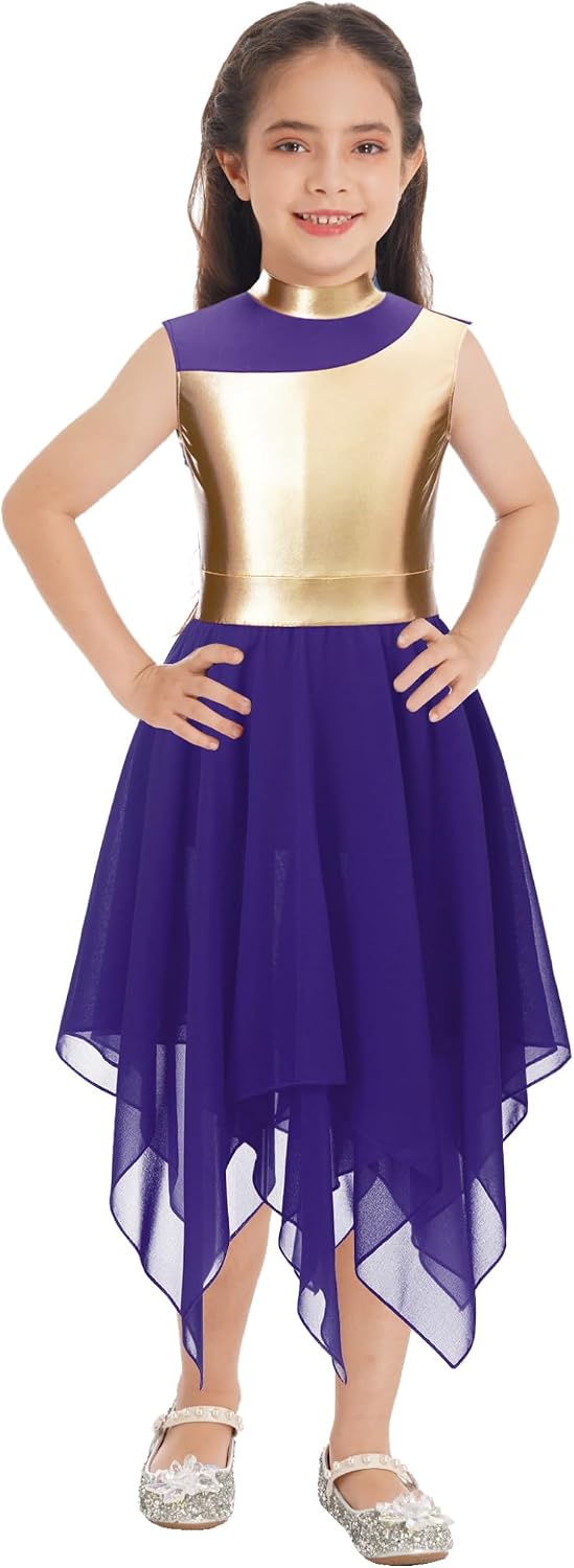 Kids Girls Metallic Chiffon Praise Dance Dresses Mock Neck Church Worship Dance Tunic Costumes