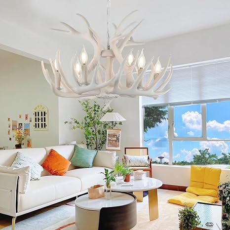 Phtlampes Kroonluchter landelijke stijl hert hout hanglamp industriële stijl retro witte hars ijzer hanglamp 6 * E14 hoogte verstelbaar opknoping lamp eetkamer keuken cafe bar plafondverlichting