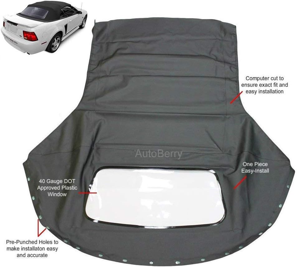 Replacement for: Ford Mustang 1994-2004 Convertible Soft Top & Plastic Window Black Sailcloth (1 Piece Easy Install)