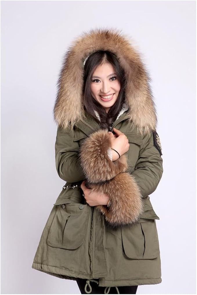Amazon 満足のボリューム超カワイイリアルラクーンファー付モッズコート ミリタリー 毛皮 ファー コート ジャケット ファー付 フード付 大きいサイズ 小さいサイズ あります レディース カジュアル 通勤 カーキ Fur ロングコート ミディアム M コート ジャケット 通販