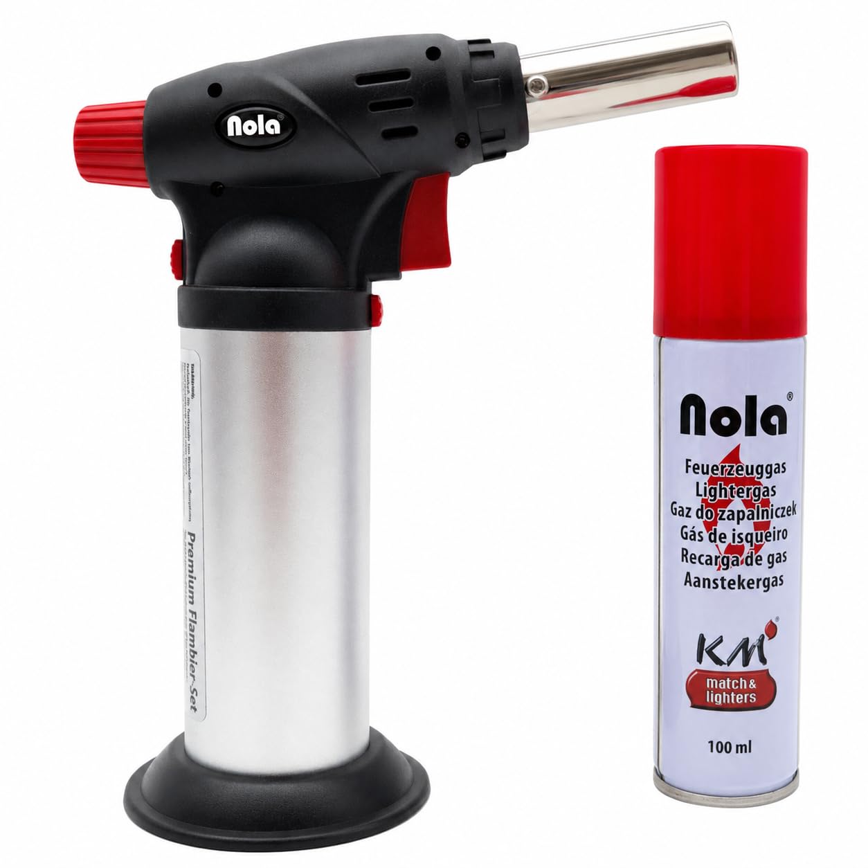 NOLA Küchenbrenner mit 100ml Gas, Flambierset Blister Gaskartusche Nachfüllen, Flambierbrenner, Creme Brulee Brenner, Gas Lötbrenner, Bunsenbrenner, Gasbrenner, Flambierer nachfüllbar Feuerzeug