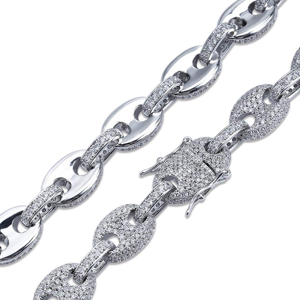 Collar de botón trenzado elíptico de cadena de oro grande sólido para hombre Micro-incrustaciones de circón Clavícula Cadena Hip-Hop Joyería-Silver-18inch